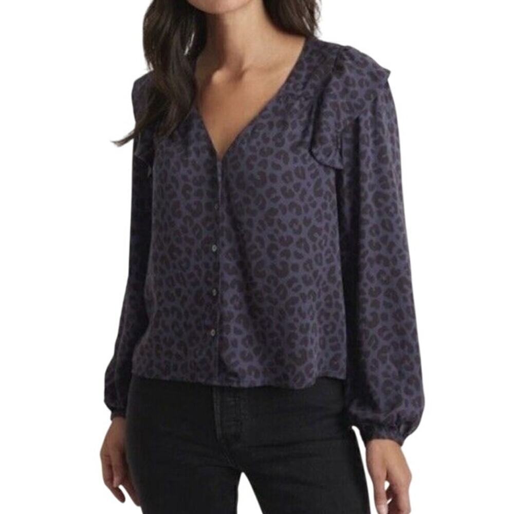 Marine Layer Rory Top Cheetah Animal Print Ruffle Long Sleeve Top Blue NWT S